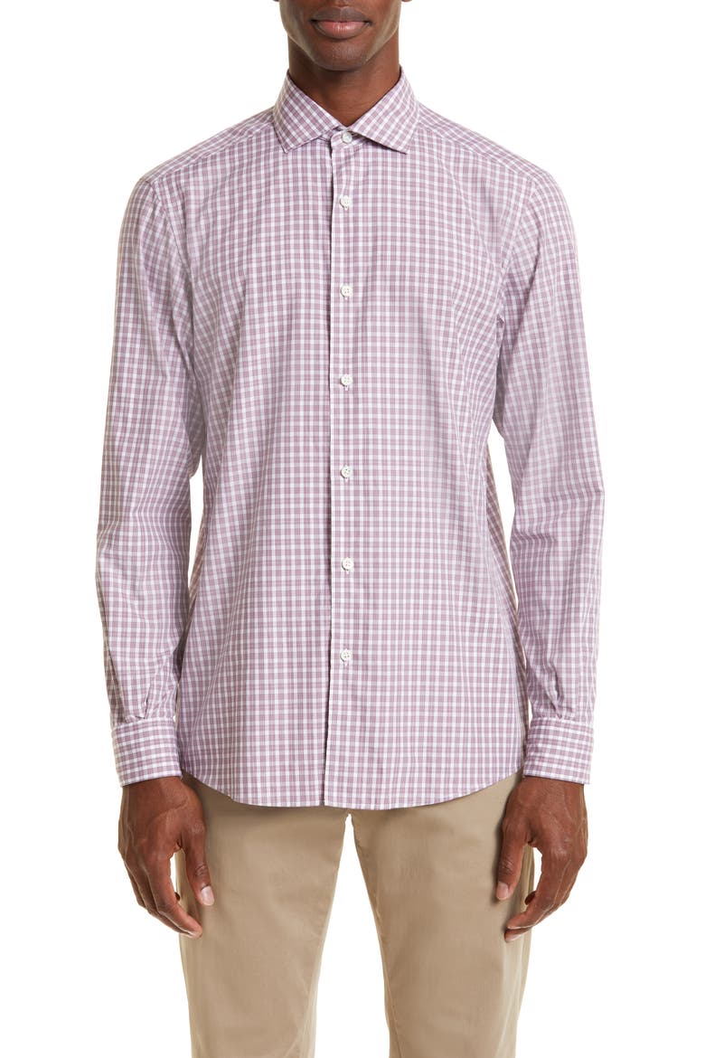 Centoquaranta Check Twill Button-Up Shirt, Main, color, DARK PINK