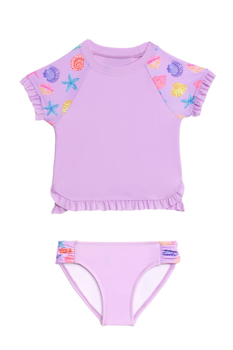 Toddlers Shortsleeve Ruffle Rashguard 2-Piece Swimwear Set, Main, color, Shell Belle