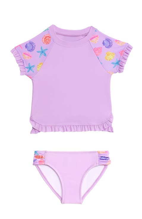 Little Girls Shortsleeve Ruffle Rashguard 2-Piece Swimwear Set