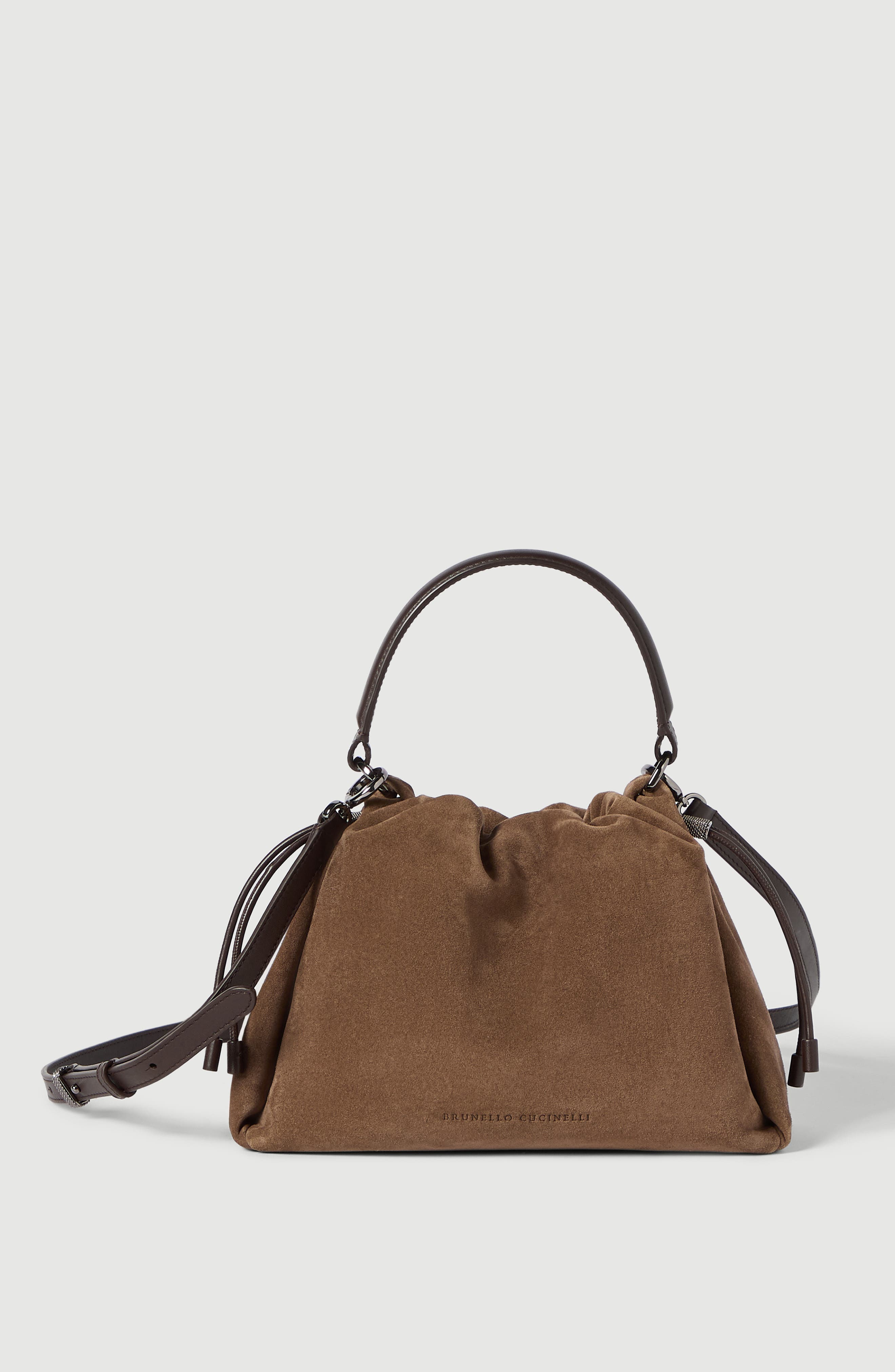 Mellow small bucket bag in suede with monili, Main, color, Caramel