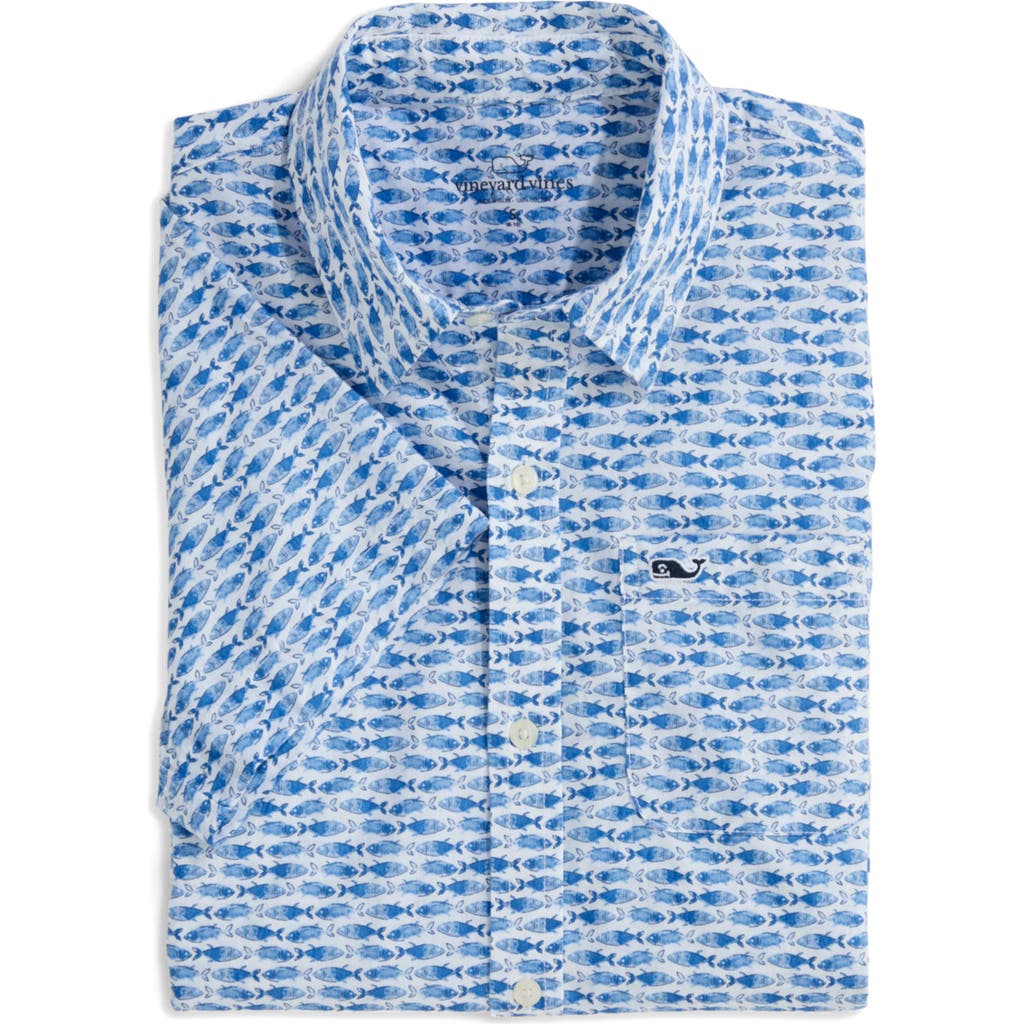 Vineyard Vines Kids' Print Short Sleeve Cotton Button-up Shirt In Blue