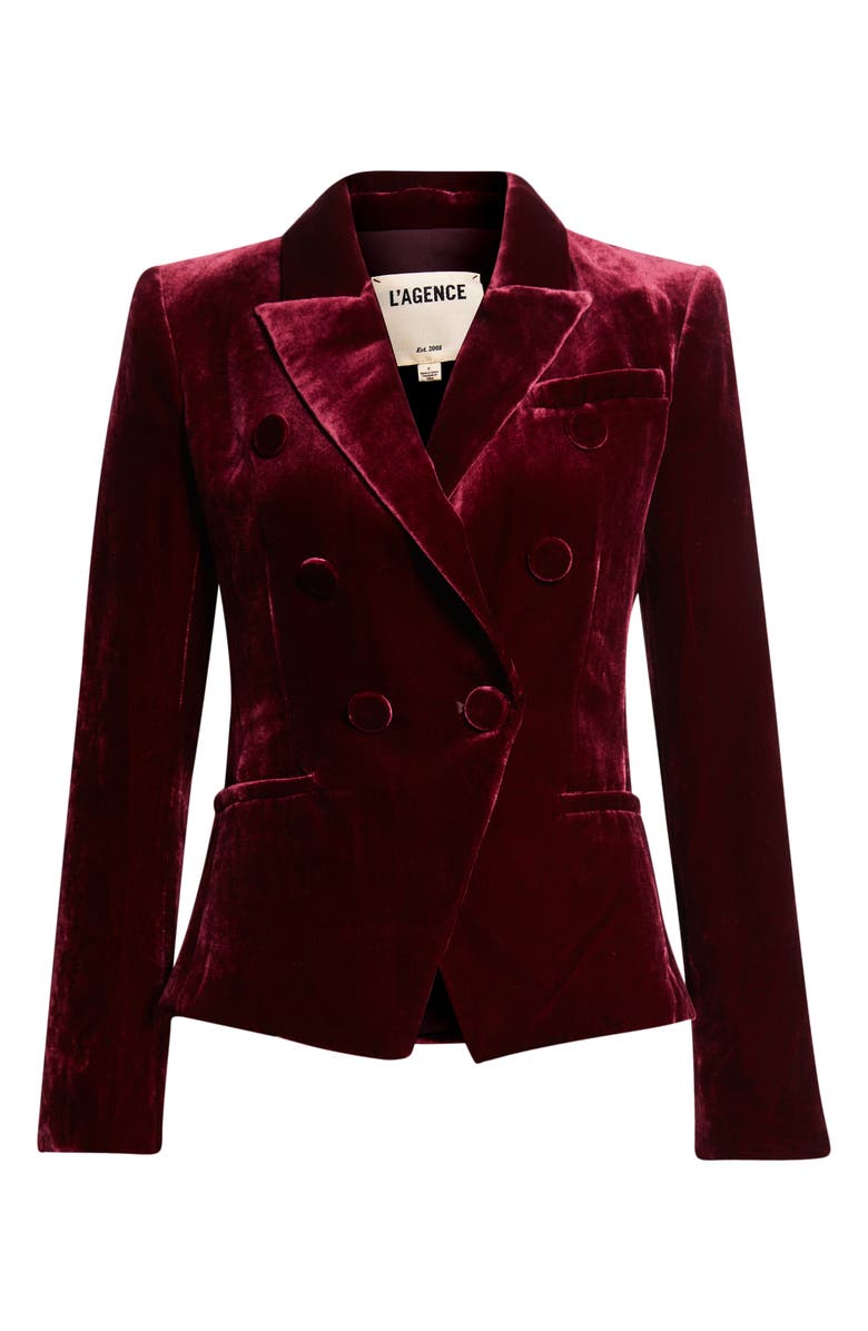L'AGENCE Marie Double Breasted Velvet Blazer, Alternate, color, Dark Port