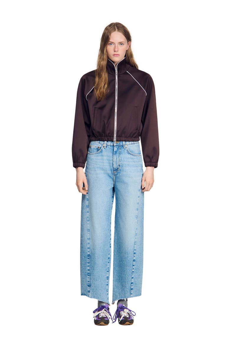 Cropped embroidered satin jacket, Main, color, Brown