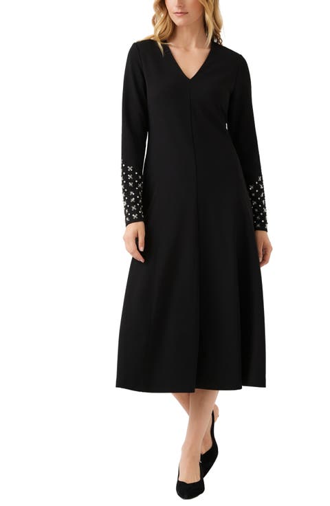 Beaded Long Sleeve V-Neck Midi Dress