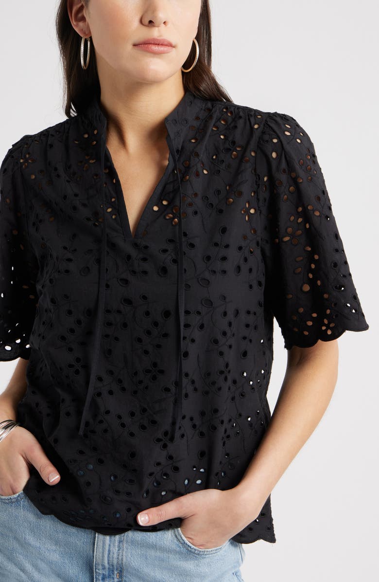 Caslon<sup>®</sup> Eyelet Split Neck Cotton Top, Alternate, color, Black