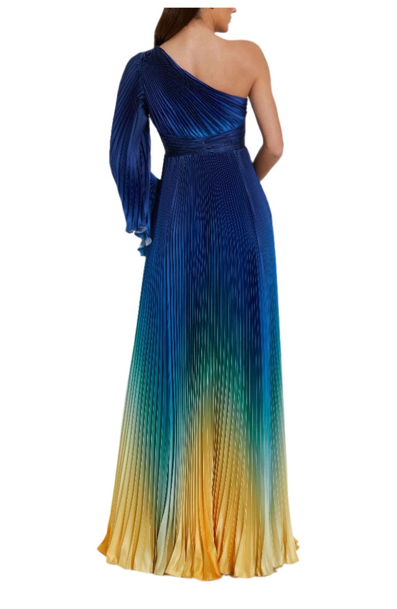 Mac Duggal Pleated Charmeuse One Long Flare Sleeve Gown, Alternate, color, Blue Ombre