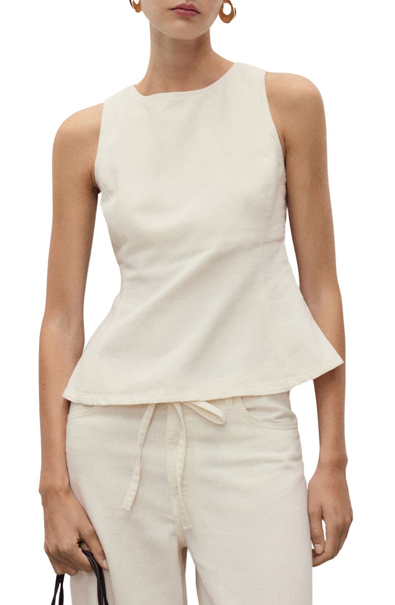 MANGO Flared Cotton & Linen Denim Top, Main, color, Off White