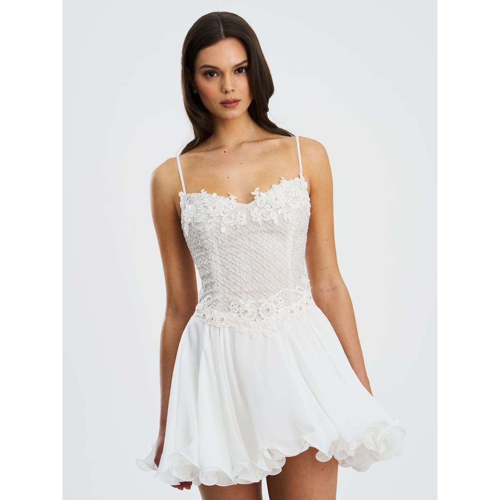 Miss Circle Fabiola Lace Trim Net Top Mini Flare Chiffon Dress In White