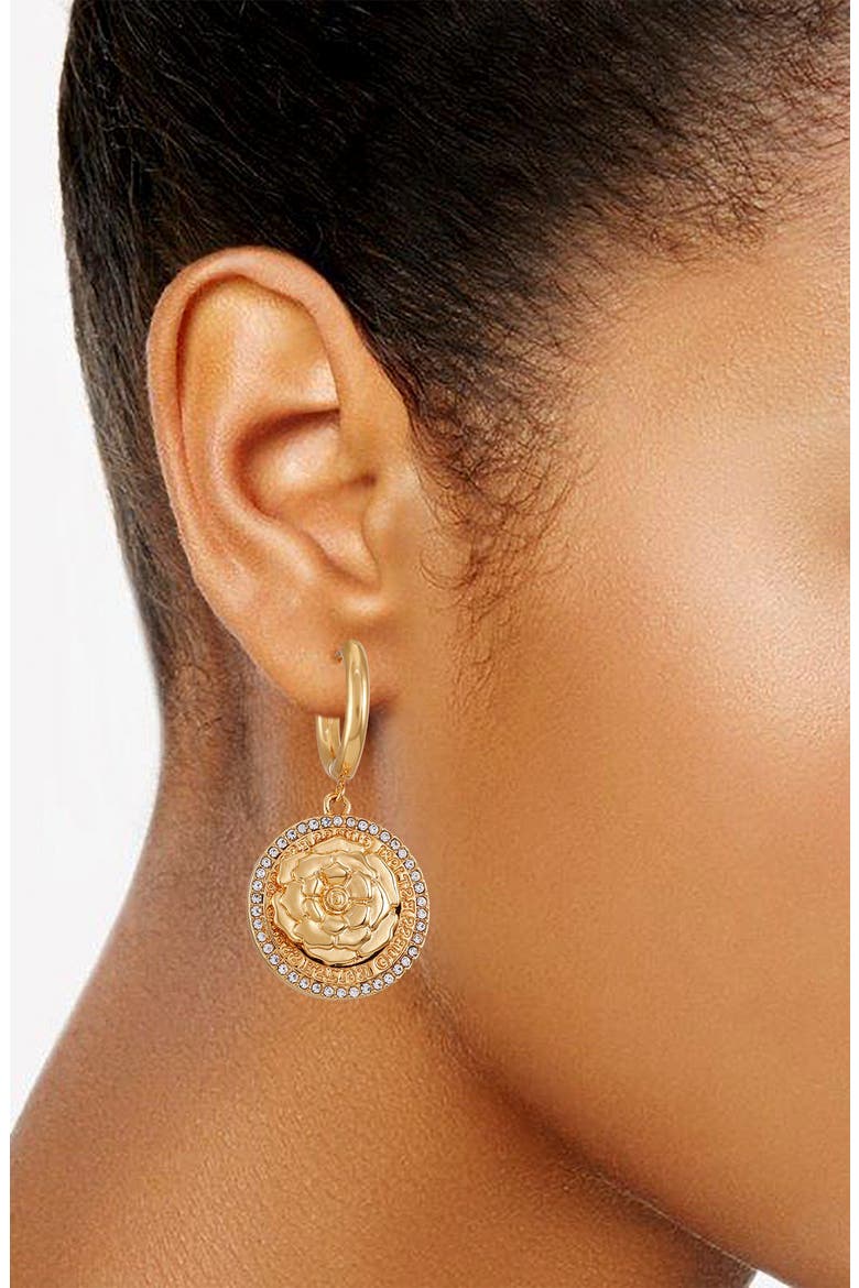 Crystal Halo Rose Drop Huggie Hoop Earrings, Alternate, color, GOLD