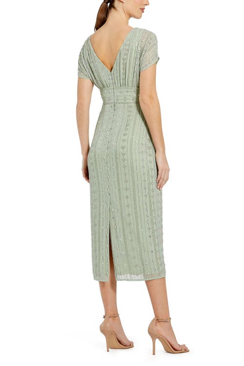 Mac Duggal Beaded Empire Waist Column Midi Cocktail Dress In Sage