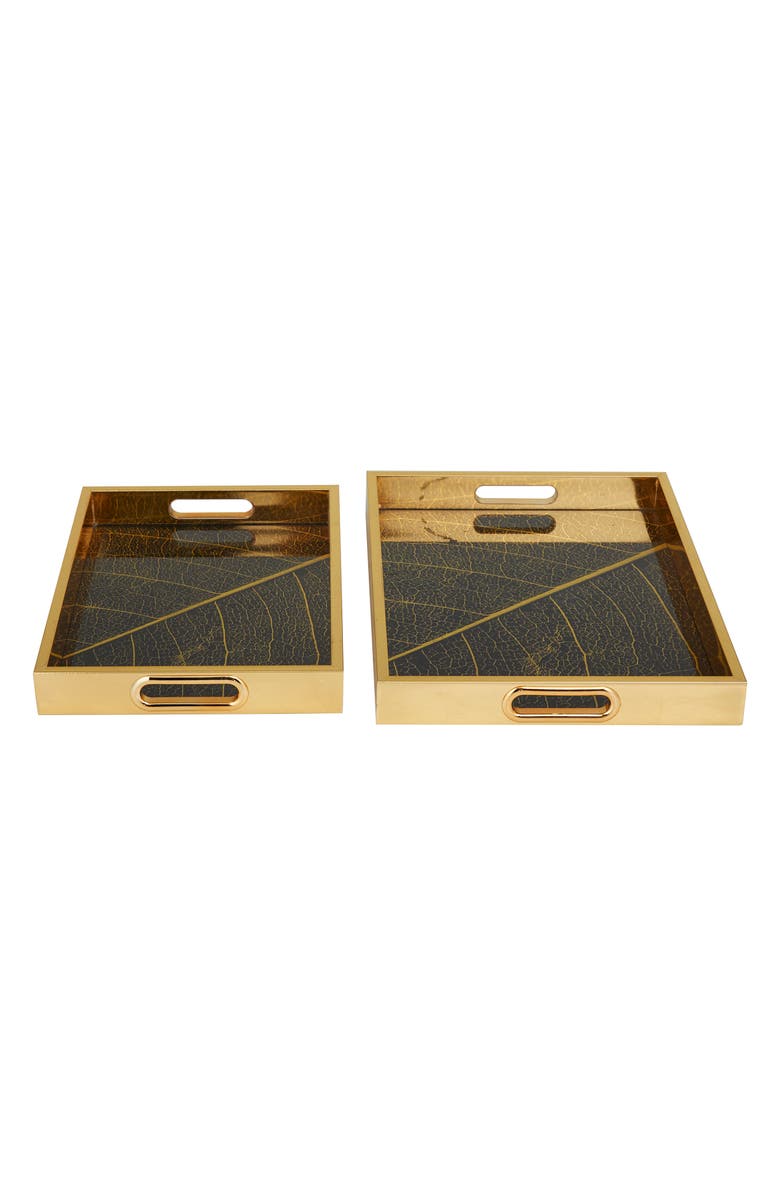 VIVIAN LUNE HOME Gold Plastic Geometric Tray with Black Glass - Set of 2, Main, color, 