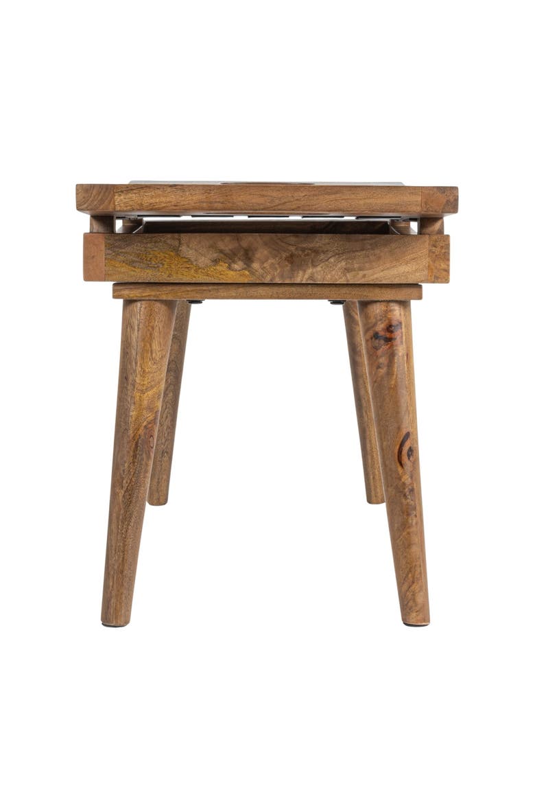 Mango Wood Stool with Woven Leather Top, Black and Natural, Alternate, color, Black