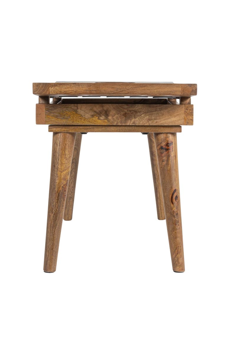 Storied Home Mango Wood Stool with Woven Leather Top, Black and Natural, Alternate, color,