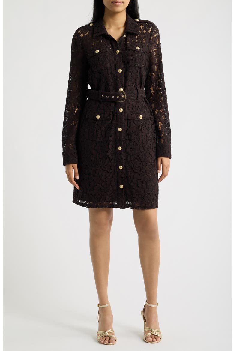 Lace Long Sleeve Shirtdress, Main, color, ESPRESSO