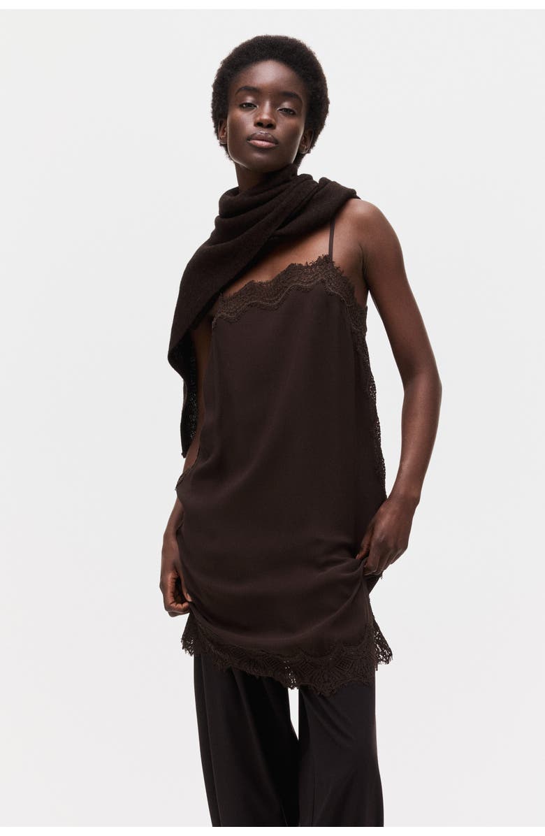 H&M Lace-trimmed viscose dress, Alternate, color, Dark Brown