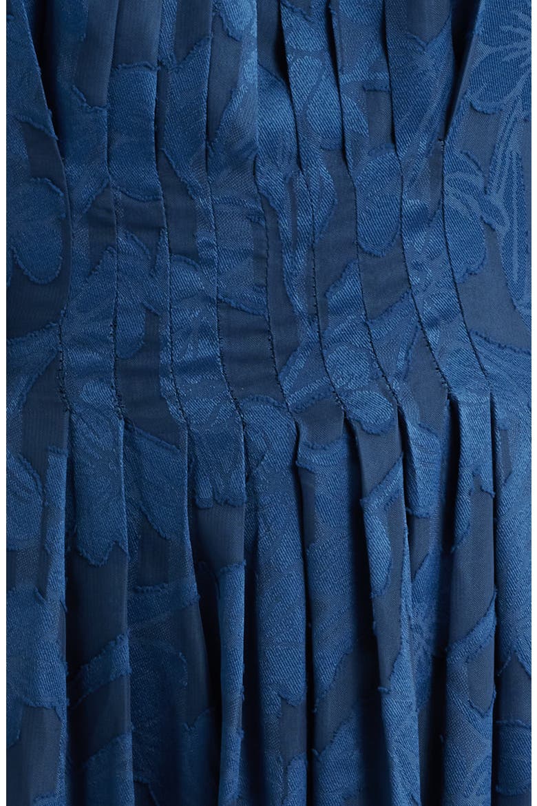 Pleated Floral Jacquard Midi A Line Dress, Alternate, color, BLUE CARBON