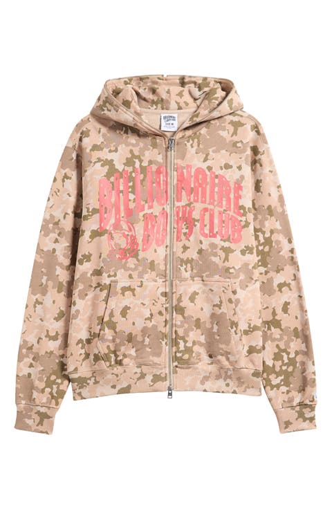 Camouflage Cotton Zip Front Graphic Hoodie
