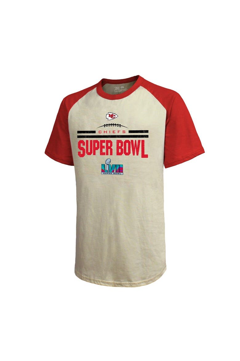 Men's Majestic Threads Cream/Red Kansas City Chiefs Super Bowl LVII Goal Line Stand Raglan T-Shirt, Alternate, color, Cream
