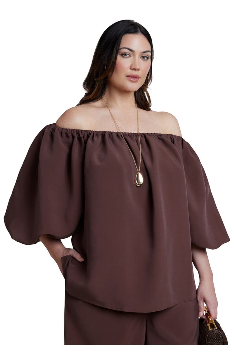 Off The Shoulder Puff Sleeve Top, Alternate, color, HOT FUDGE