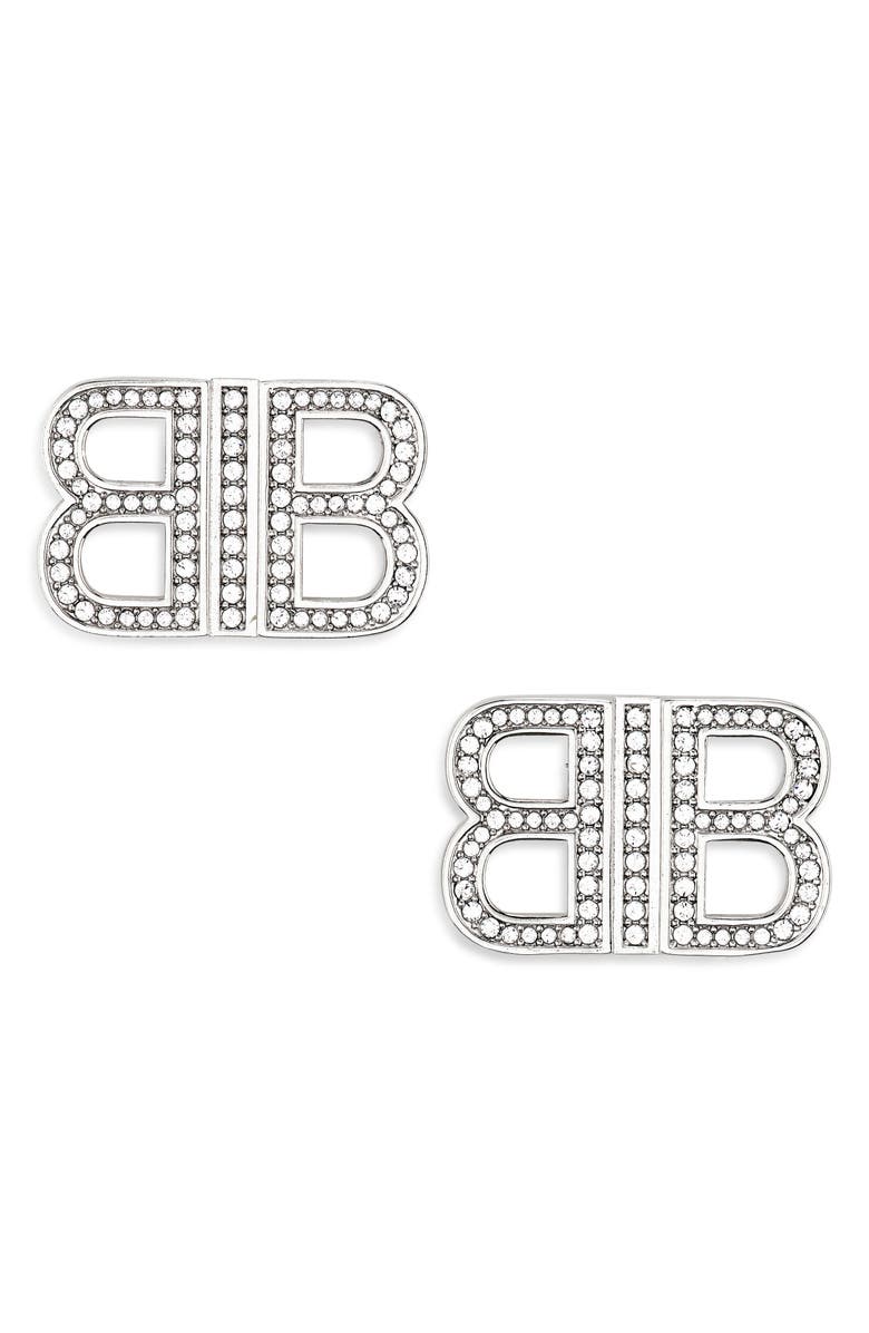 Balenciaga BB 2.0 Crystal Stud Earrings, Main, color, Silver/ Crystal