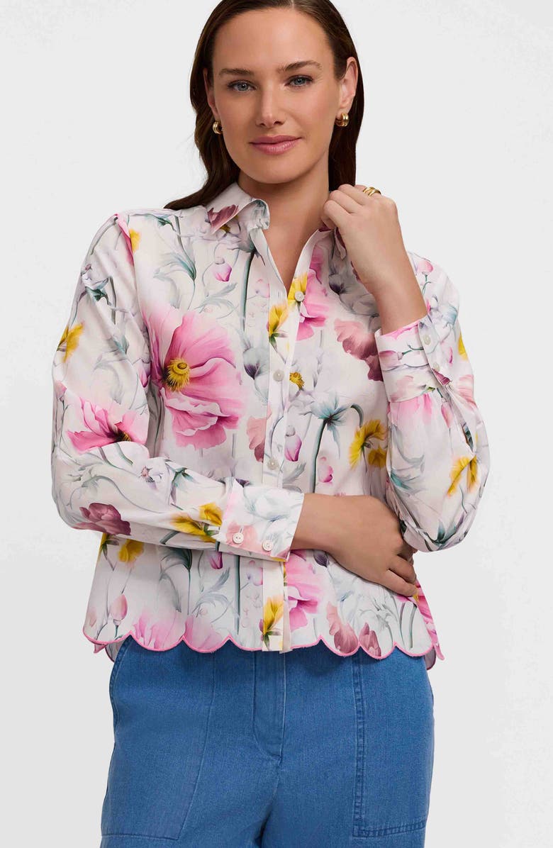Foxcroft Scarlett Floral Scallop Hem Cotton Button-Up Shirt, Alternate, color, Pink/ Multi
