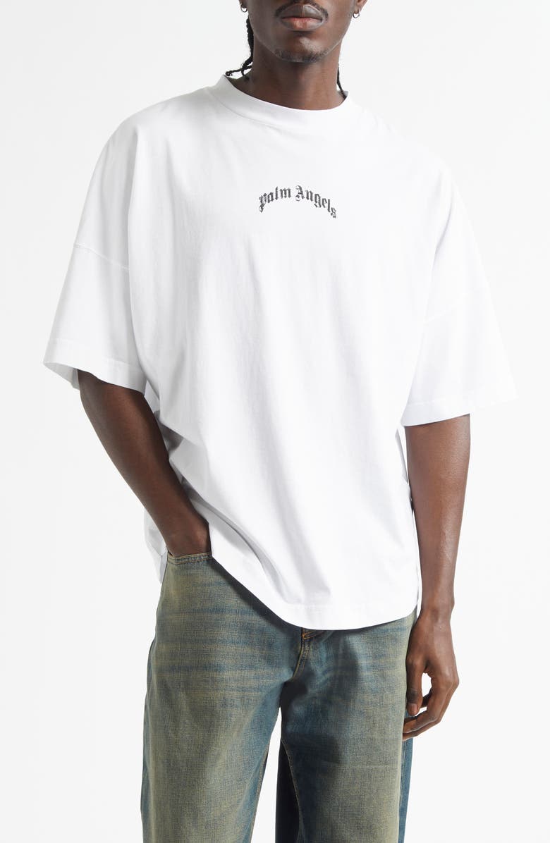 Palm Angels Oversize Curved Logos Cotton Graphic T-Shirt, Main, color, 