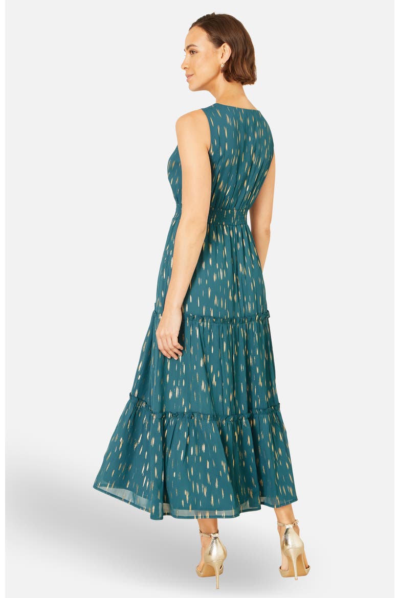 Foil Print Ruched Waist Midi Dress, Alternate, color, Teal