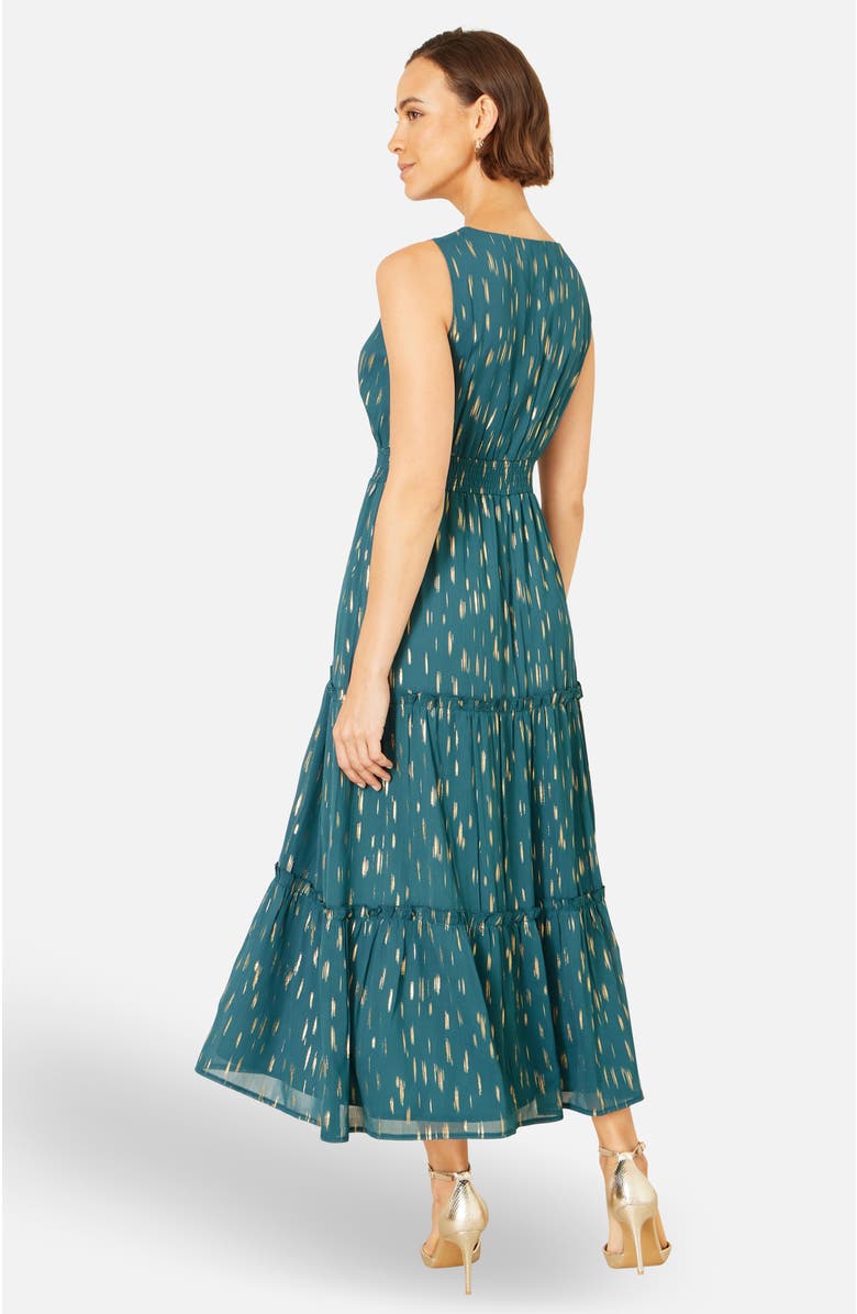 Yumi Foil Print Ruched Waist Midi Dress, Alternate, color, Teal