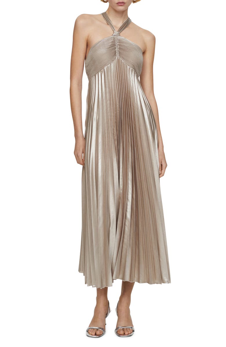 MANGO Pleated Cross Back Dress, Main, color, 