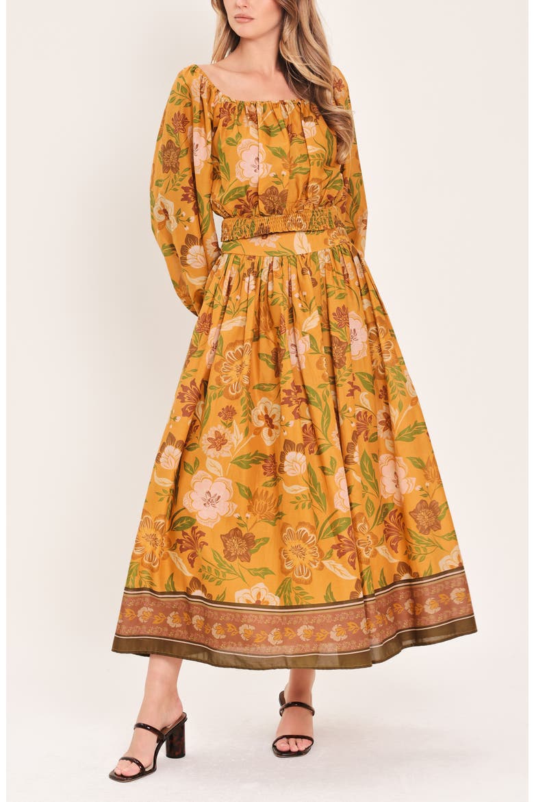 Floral Print Midi Skirt, Alternate, color, MUSTARD