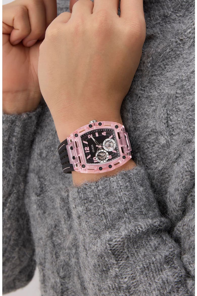 Sporting Pink & Black Multifunction Silicone Strap Watch, 42mm x 43mm, Alternate, color, BLACK