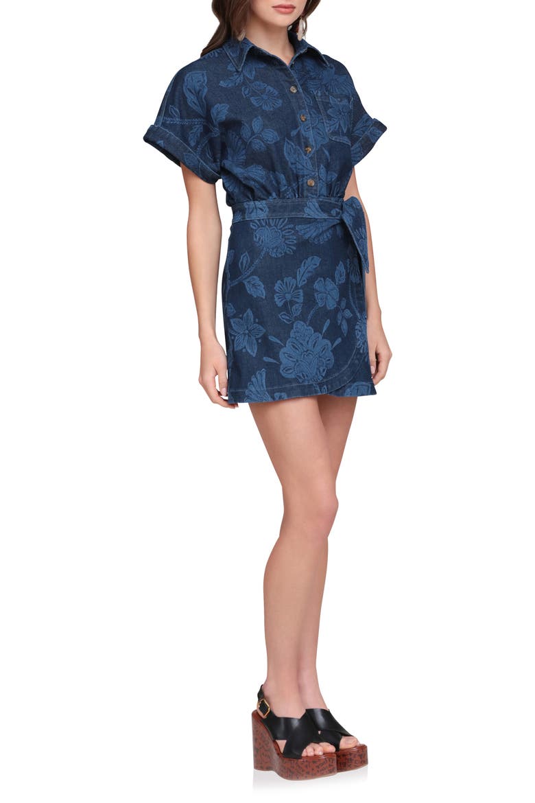 Floral Print Belted Denim Minidress, Alternate, color, PARROT FAN LASER PR