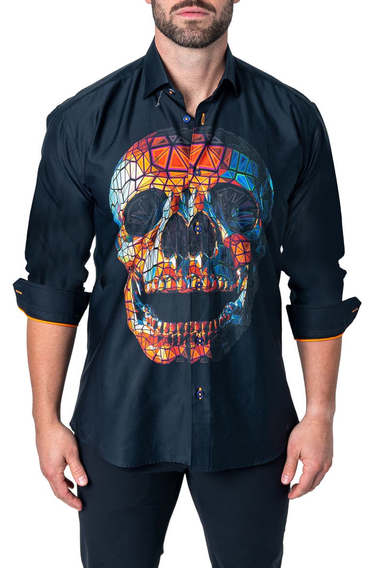 Fibonacci Skull Prizm Cotton Button-Up Shirt, Alternate, color, BLACK