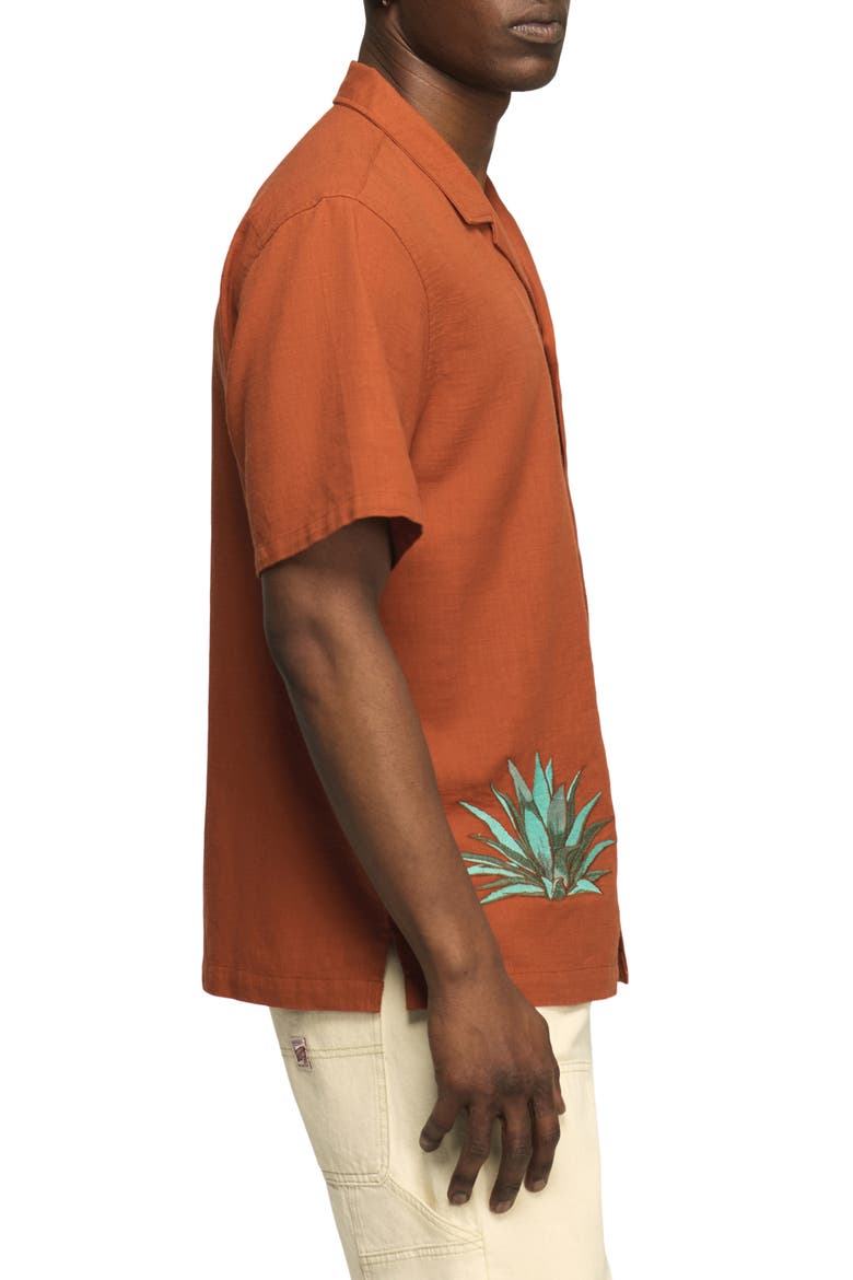 Tequila & Cow Skull Embroidered Slub Cotton Camp Shirt, Alternate, color, GINGER BREAD