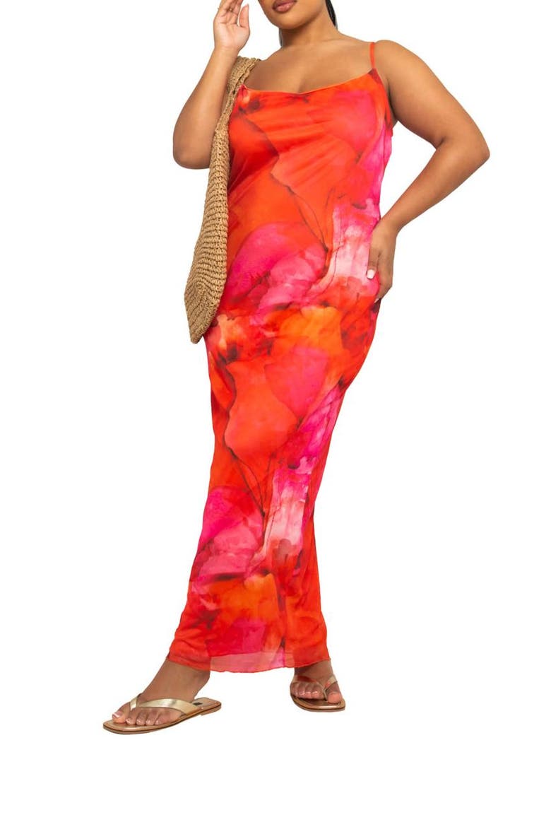 Strappy Abstract Print Mesh Maxi Dress, Alternate, color, Red