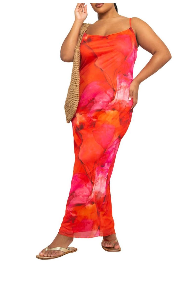 FASHION-SZN CURVE Strappy Abstract Print Mesh Maxi Dress, Alternate, color, Red