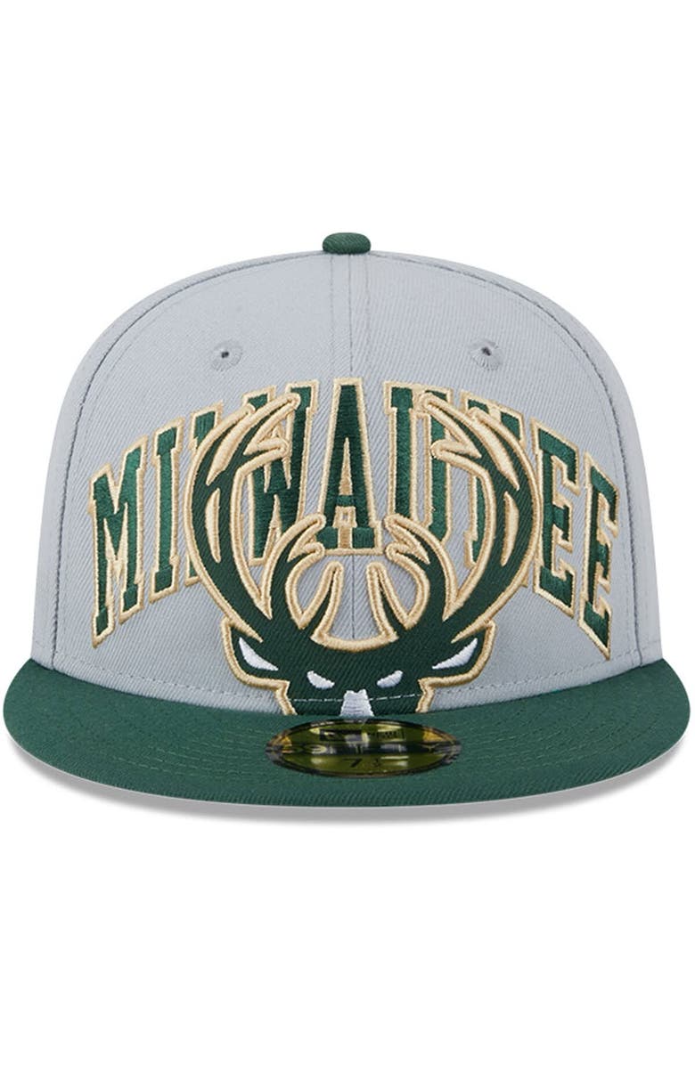 New Era Men's New Era Gray/Hunter Green Milwaukee Bucks Tip-Off Two-Tone 59FIFTY Fitted Hat, Alternate, color, Gray