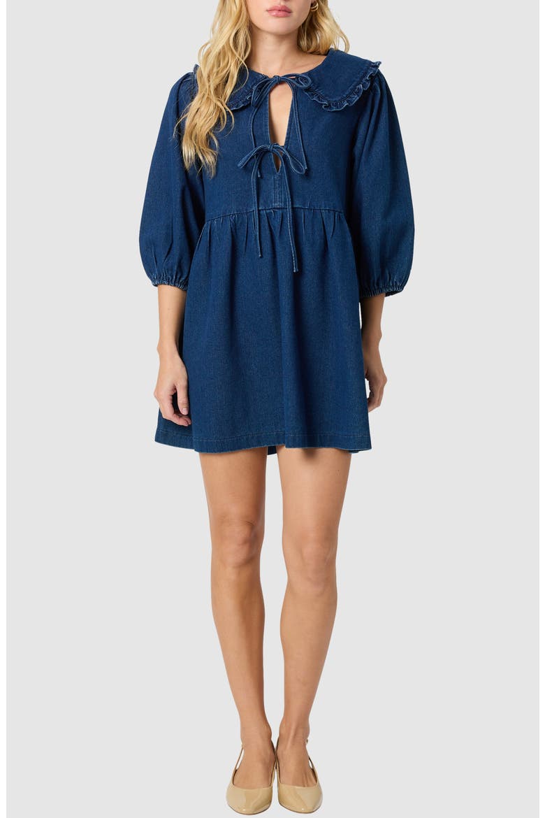 Frill Collar Denim Minidress, Main, color, DARK BLUE