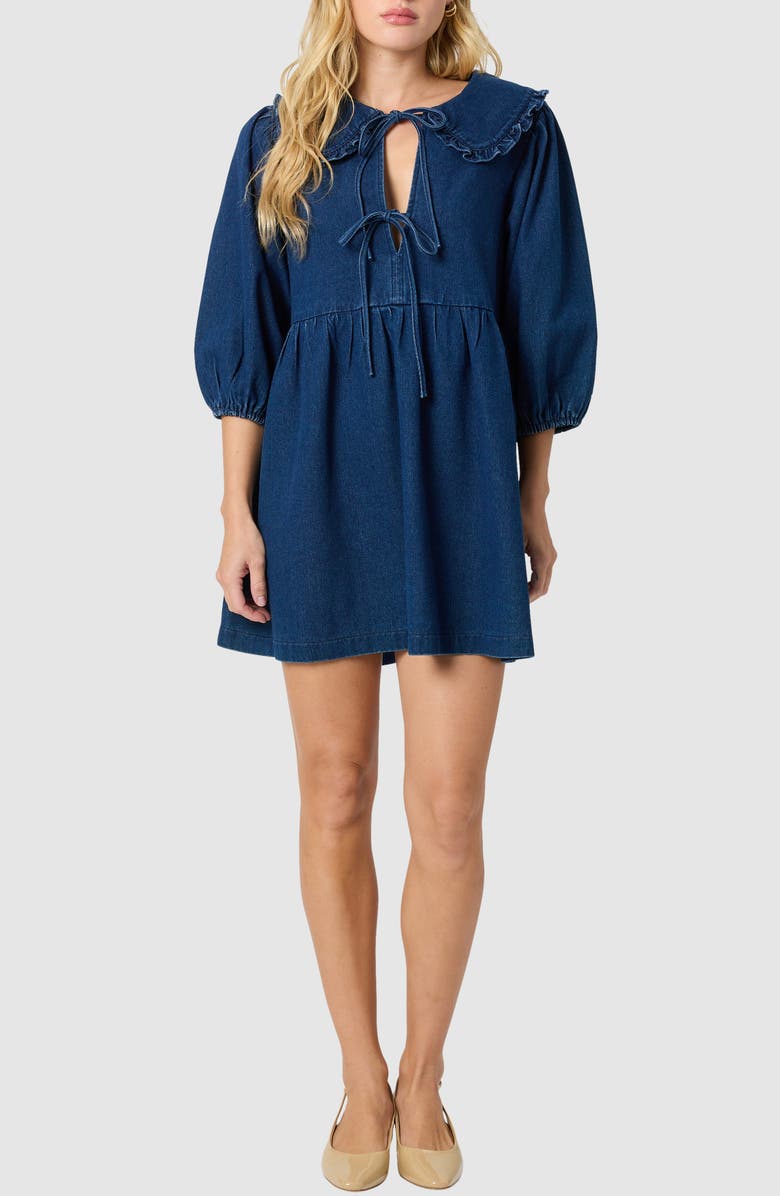 All in Favor Frill Collar Denim Minidress, Main, color, Dark Blue