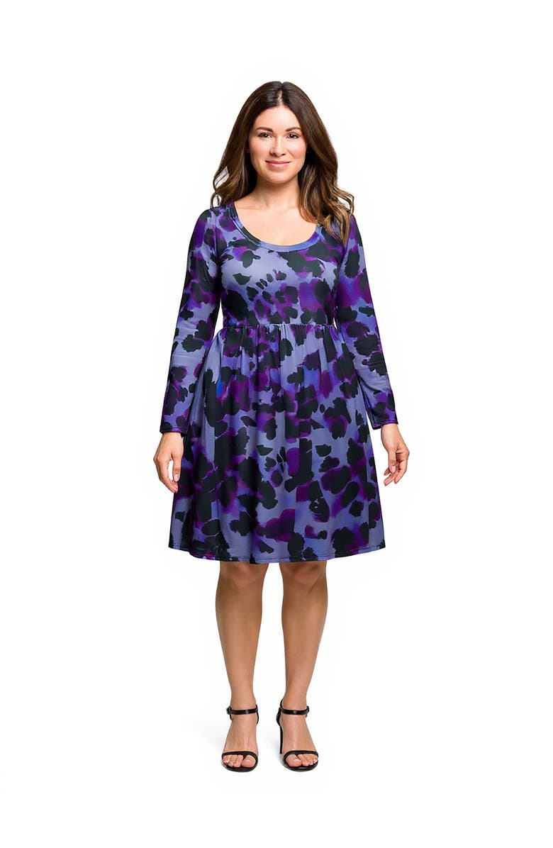 24seven Comfort Apparel Long Sleeve Empire Waist Dress in Print, Main, color, Purple Multi