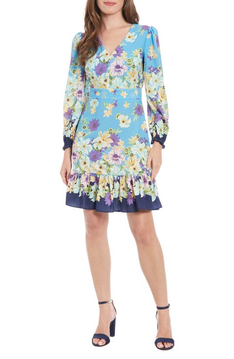 Floral Border Print Long Sleeve Dress