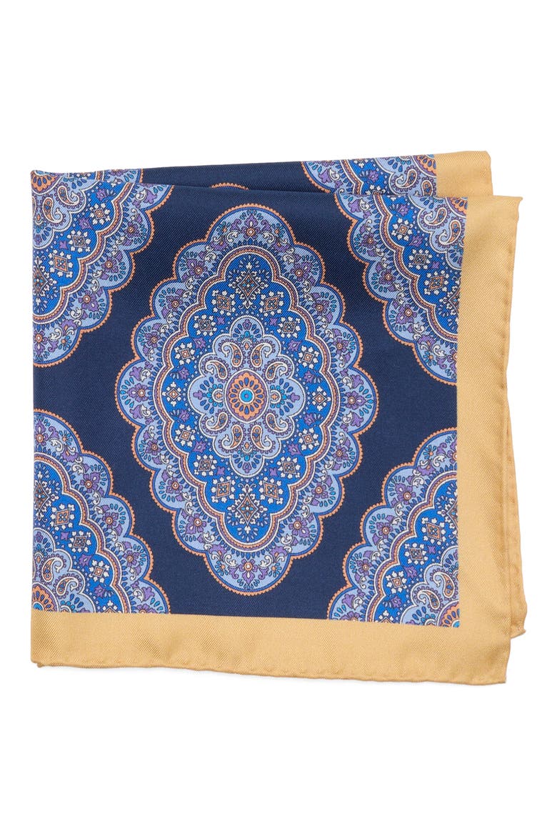 Medallion Silk Pocket Square, Main, color, NAVY/ YELLOW