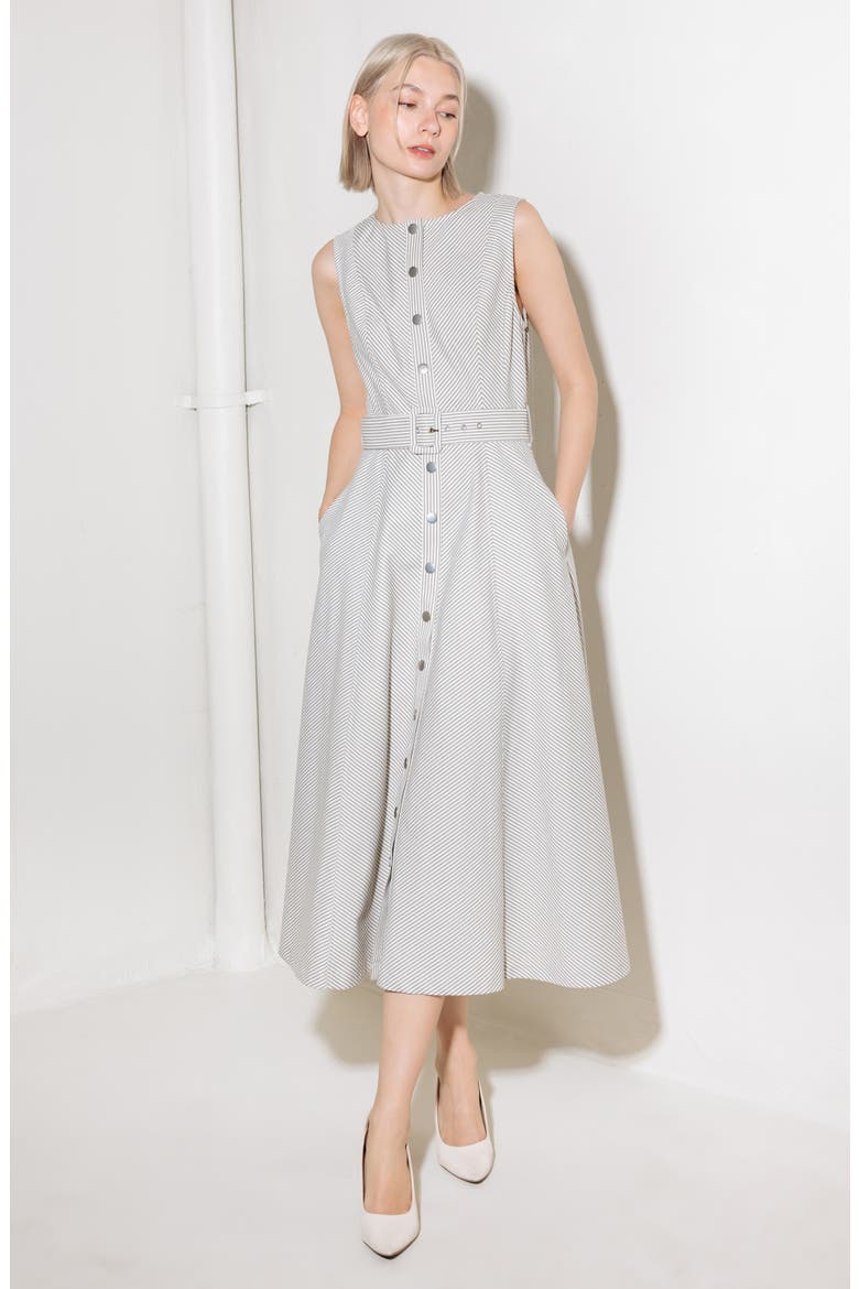 Pinstripe Belted Midi Dress, Alternate, color, GREY