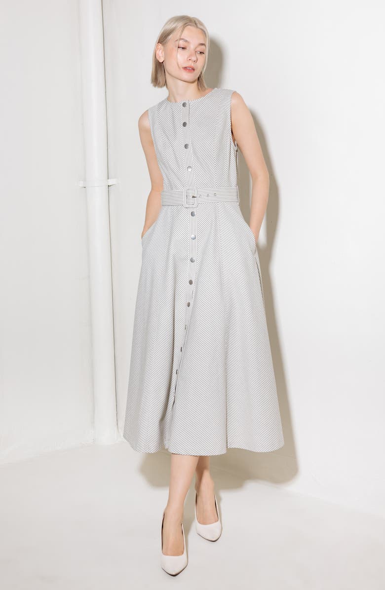 FREEMARKET Pinstripe Belted Midi Dress, Alternate, color, Grey