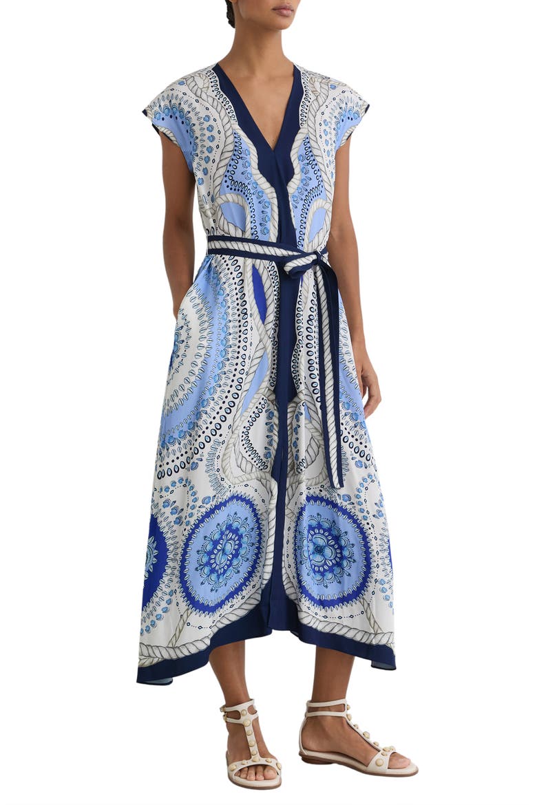 Heidi Scarf Print Belted Midi Dress, Alternate, color, IVORY/ BLUE