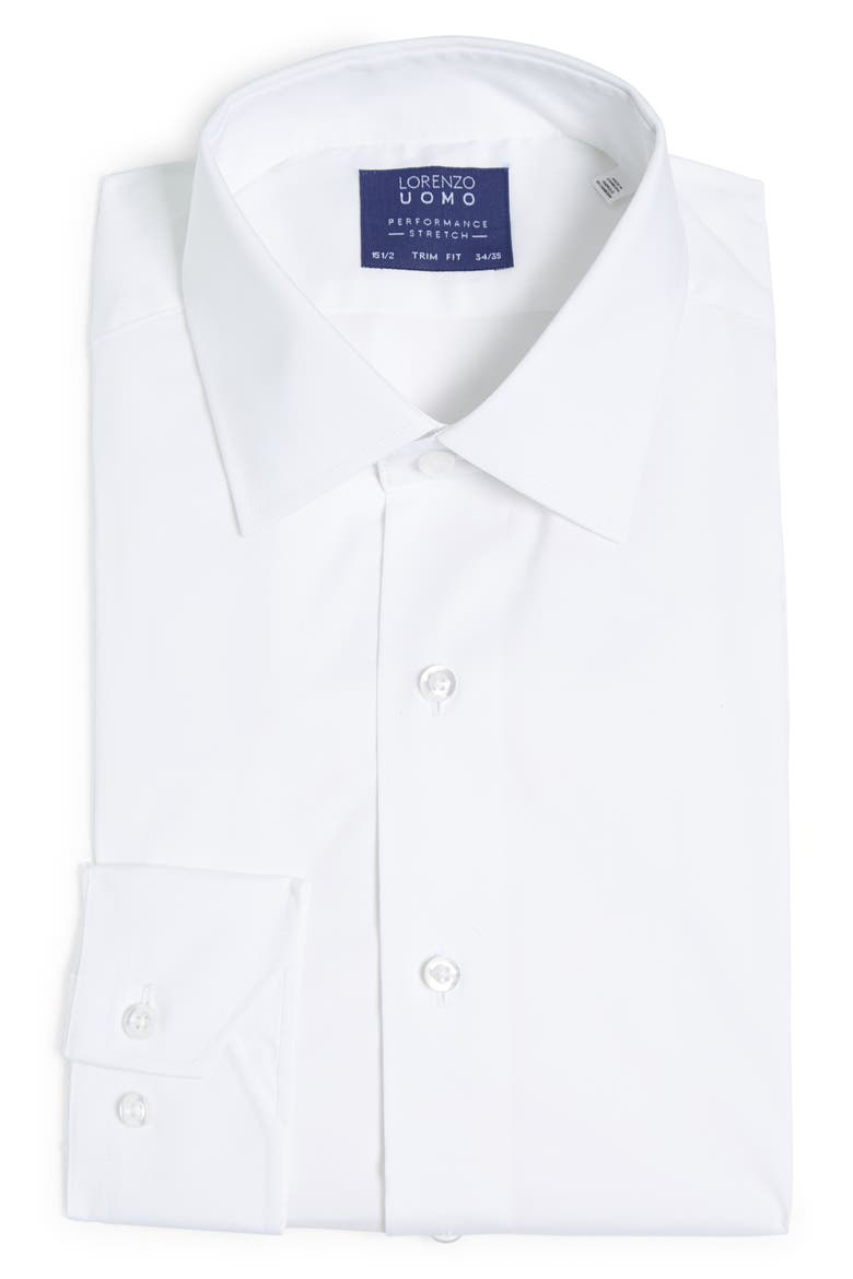 Travel Cotton Stretch Trim Fit Dress Shirt, Main, color, WHITE
