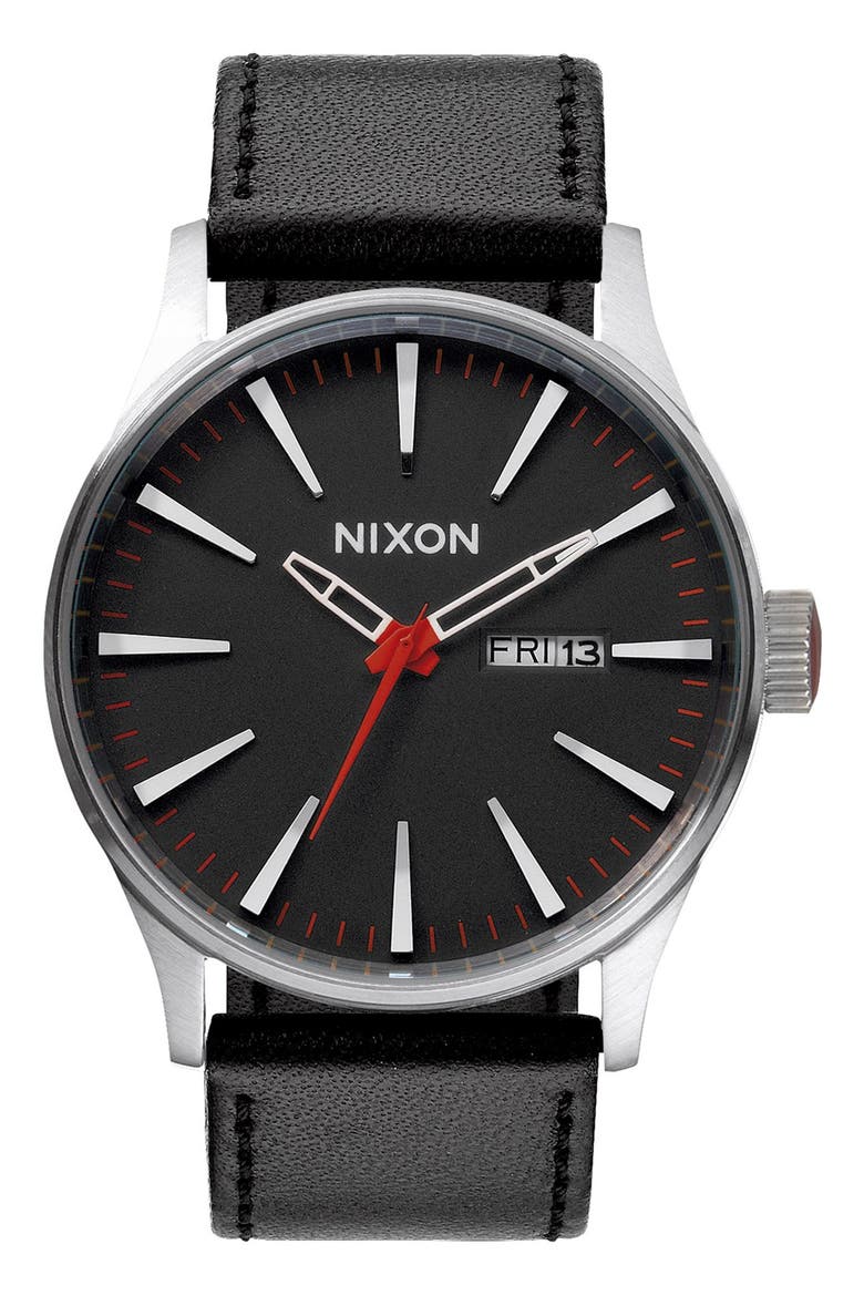 'The Sentry' Leather Watch, 42mm, Main, color, BLACK/BLACK