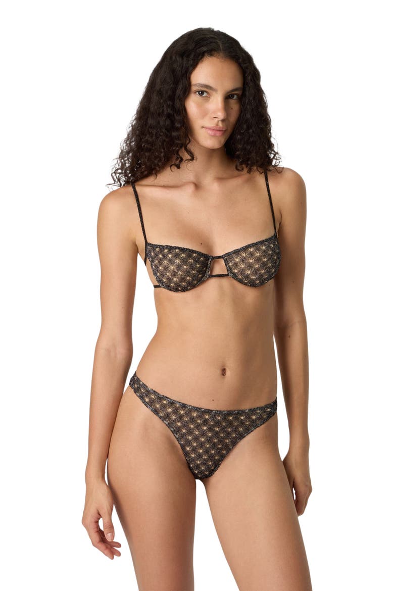Balconette Bikini In Lamé Viscose With Spiderweb Motif, Alternate, color, Brown