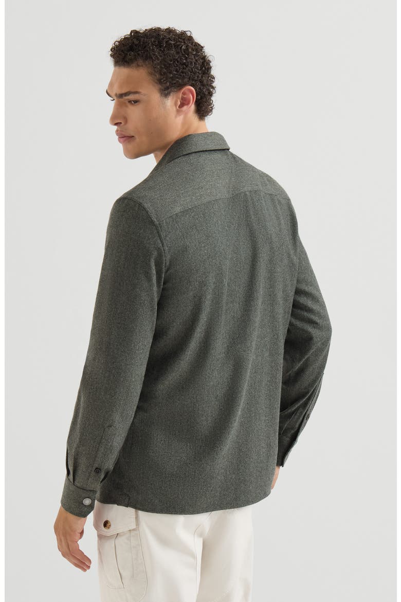 Virgin wool flannel overshirt with spread collar and chest pockets, Alternate, color, Forest Green