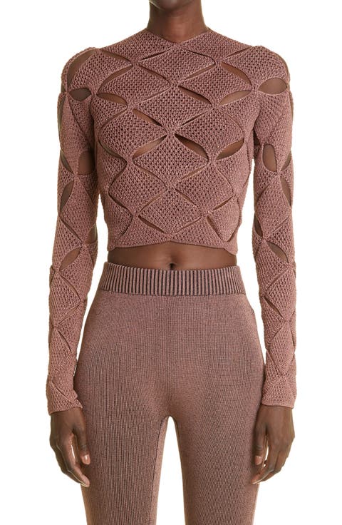 Argyle Lace Cutout Crop Sweater